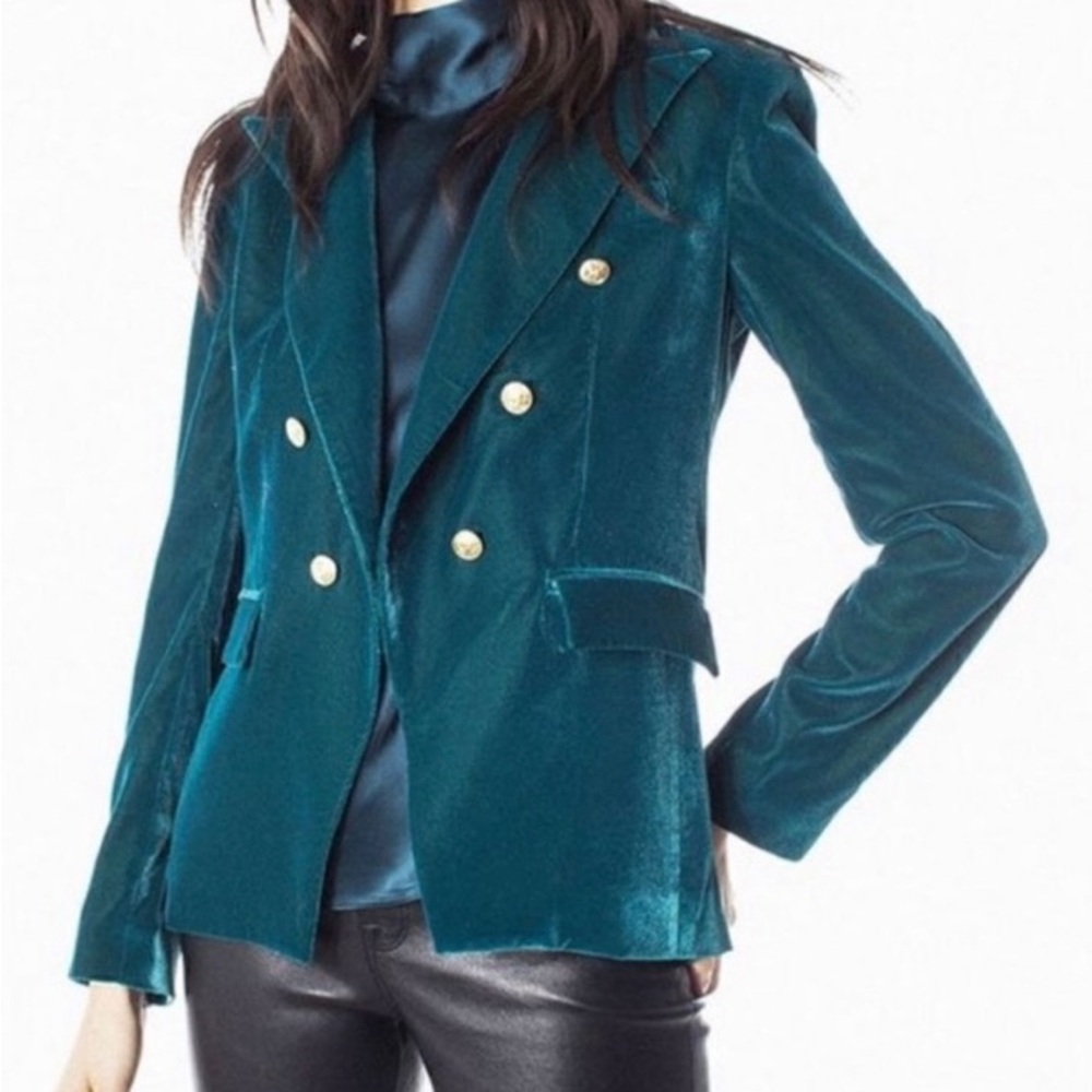 GENERATION LOVE Teal Velvet Blazer Gold Buttons Padded Shoulder